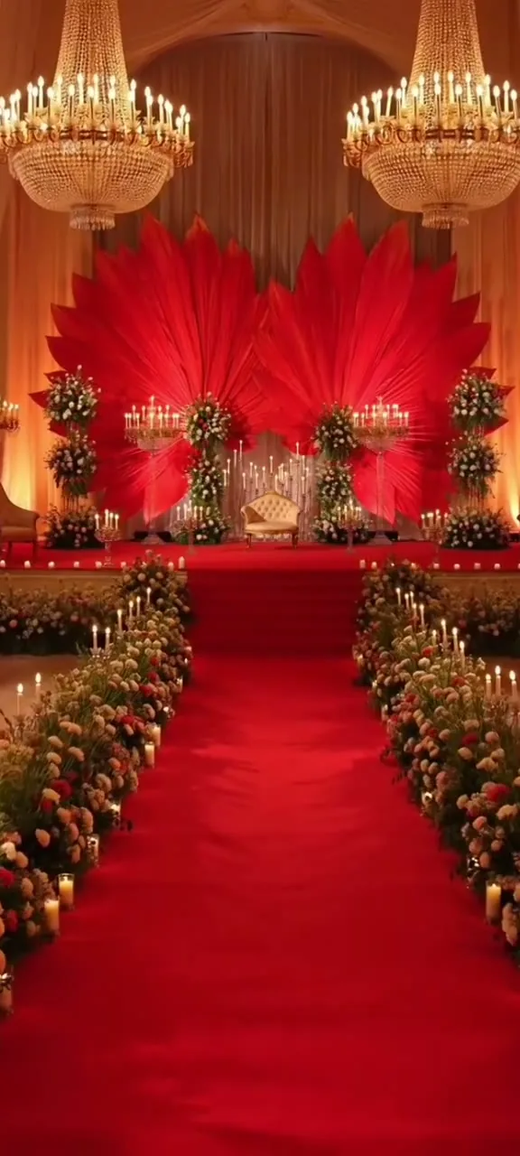 A red carpet corridor with chandeliers at a wedding reception
